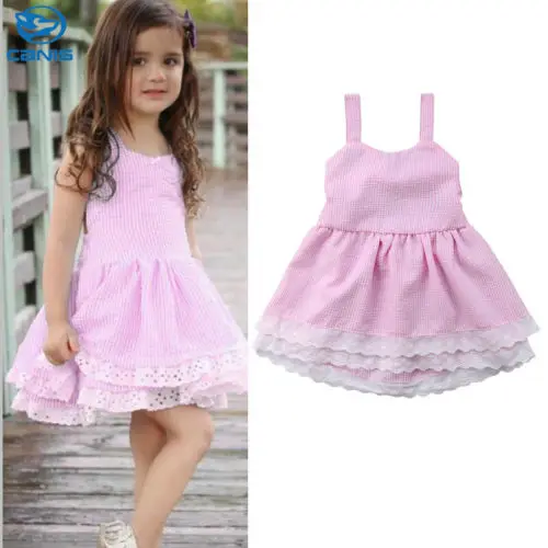 

2018 Summer Toddler Infant Baby Kid Girl Sleeveless Dress Striped Strap Backless Bowknot Ruffle Sling Dress Pink Sweet Outfits