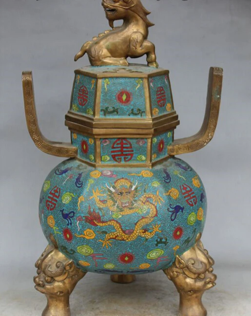 

shipping USPS to USA S1713 Royal Tibet Cloisonne Bronze Dragon Kylin Head Statue Lion Incense Burner Censer