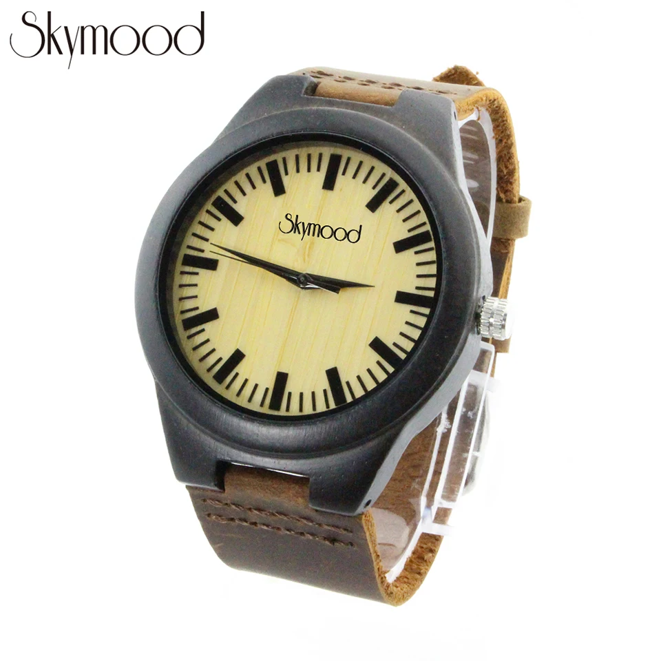 

Skymood Watch Men Wrist Quartz Black Bamboo Dial Wooden Case Metal Logo Genuine Strap 45mm Diameter