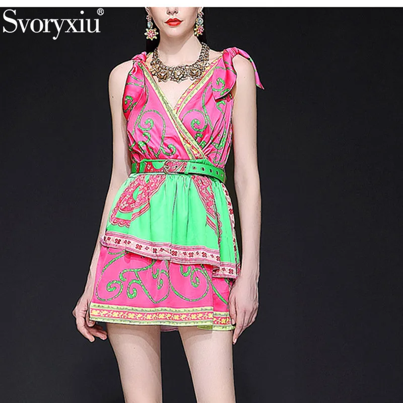 

Svoryxiu Sexy Deep V-Neck Beach Holiday Dress Women's Fashion Color Matching Printed Designer Summer Belt Short Dresses Vestdios