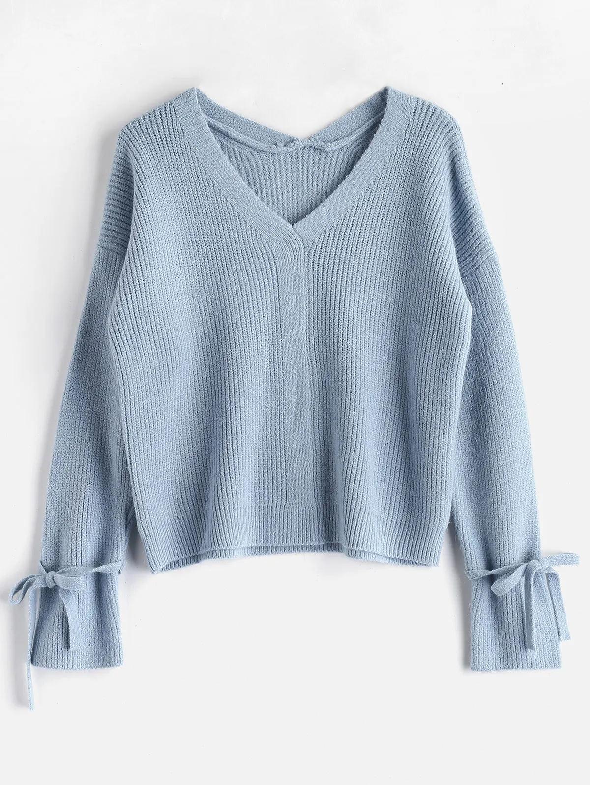 ZAFUL V Neck Tied Sleeve Boxy Sweater Knitted Textured Women Pullover ...