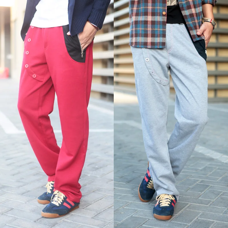 In ! zipper decoration front fly breasted casual sports pants male