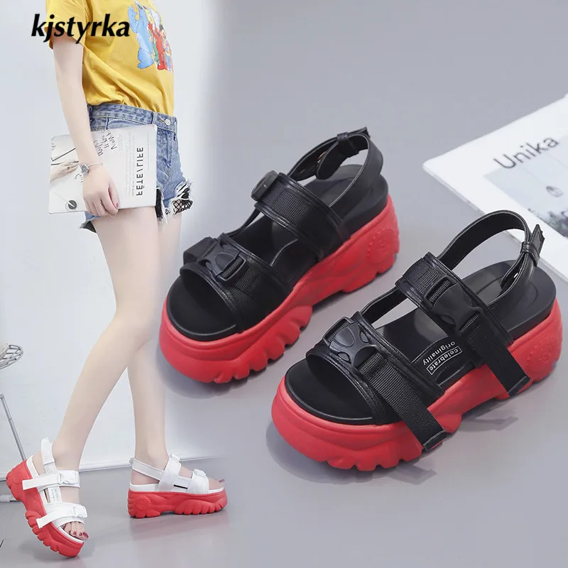 

Kjstyrka 2019 red bottom sandals women hook-loop fashion open toe casual summer platform outdoor wedges shoes sandalia feminina