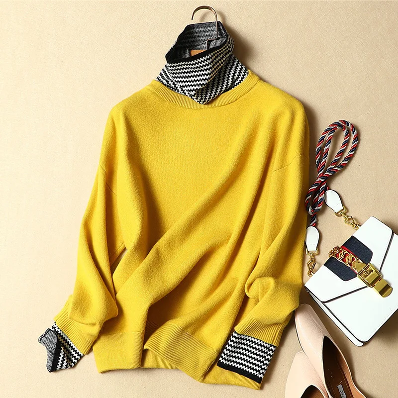ONLY Yellow AND Red AVAILABLE winter women sweater female loose striped turtleneck pullovers female loose thick warm sweater