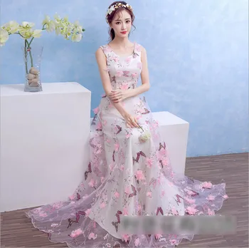 

Womens evening long dress slash Neck embroidery floral mesh lace Dresses for banquet formal vestidos ouc1120