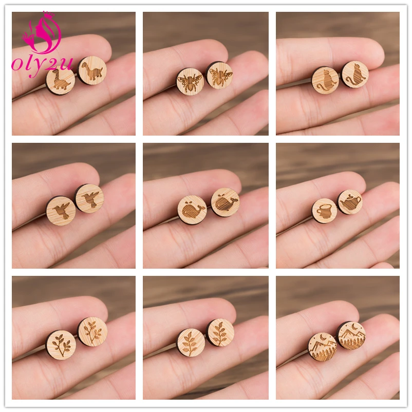 

Oly2u Punk Ancient Dinosaur Wooden Stud Earrings Cute Animal Bee Cat Whale Wood Jewelry for Men Women Daily Wear Aretes