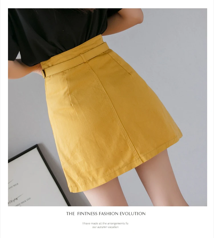 Корейская мини желтая юбка с высокой талией и карманом с поясом короткая джинсовая юбка трапециевидной формы Женская юбка