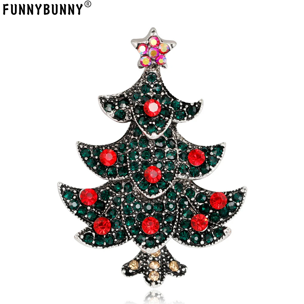 

FUNNYBUNNY Vintage Christmas Tree Brooch Elegant Diamond Rhinestones Star Charm Brooch Pin Father Christmas Ornament