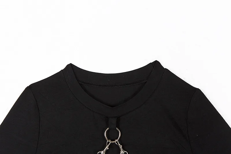 Готические черные футболки в стиле панк, укороченный Топ для женщин, короткий рукав, железная цепочка, уличная одежда, Сексуальная повязка, однотонные черные женские облегающие футболки