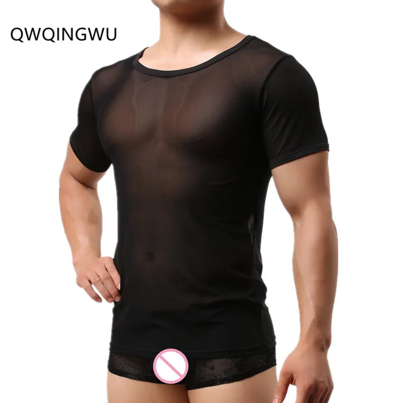 Мужская сексуальная майка ультра-тонкая Повседневная мужская футболка с короткими рукавами брендовая сетчатая дышащая одежда мужские трусы