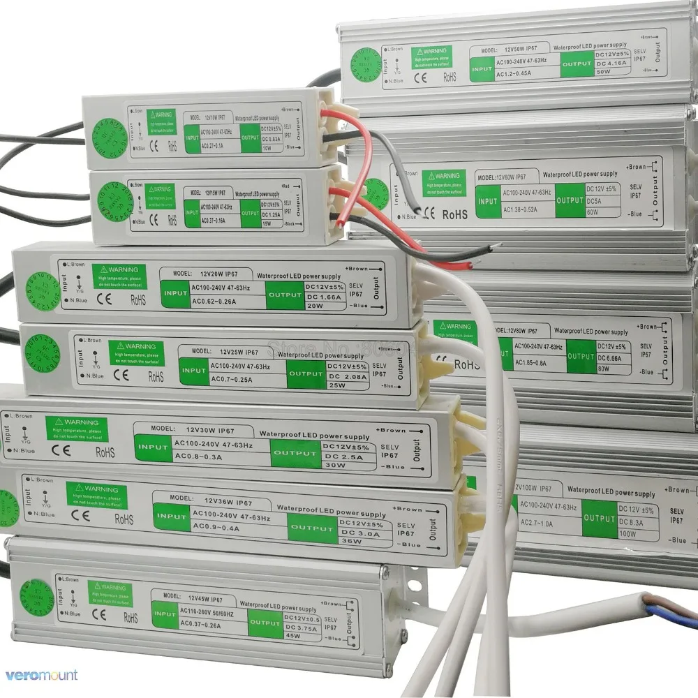 Водонепроницаемый IP67 Светодиодный драйвер переменного тока в постоянный 12 в 10 Вт 15 Вт 20 Вт 25 Вт 30 Вт 36 Вт 45 Вт 50 Вт 60 Вт 80 Вт 100 Вт 120 Вт 150 Вт источник питания для светодиодных лент светильник
