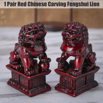 

1 Pair Red Chinese Carving Fengshui Lions Resin Fu Foo Dog Guardion Door Lions Statue Beast Statue for Home Sculpture Decoration
