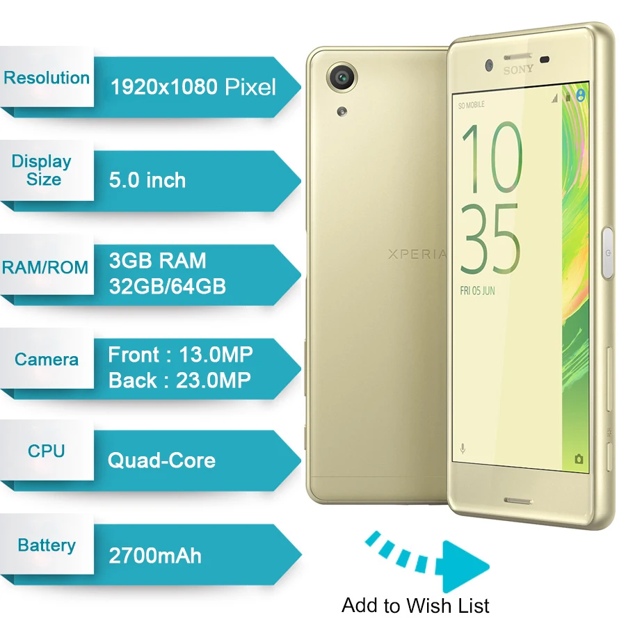 Мобильный телефон sony Xperia X Performance F8131 GSM LTE с оперативной памятью 3 гб пзу 32 гб 5," с одной sim-картой Android четырехъядерный процессор 23 мп 2700 мач