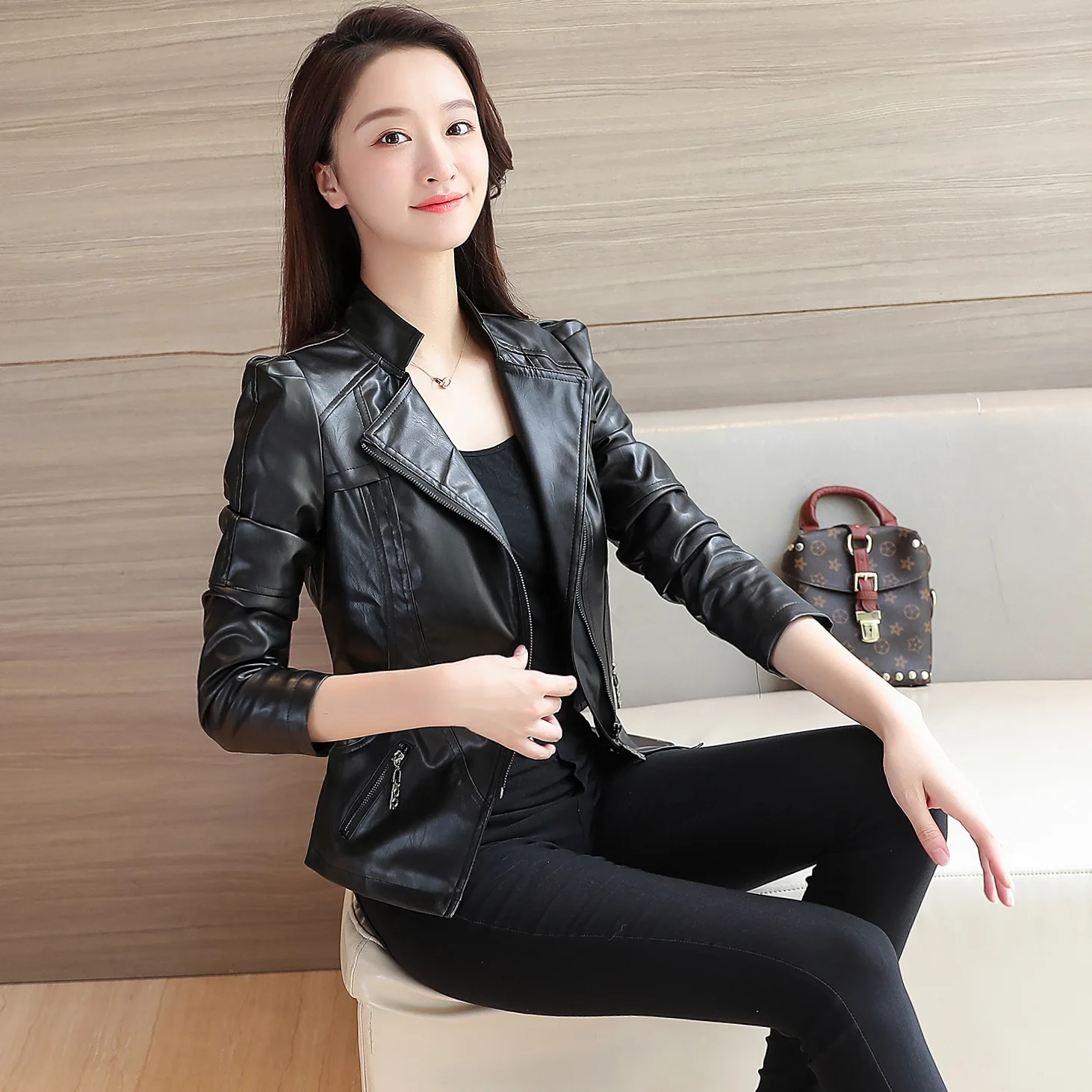 

gothic women leather jacket Casual Turn-down Collar Faux Leather Regular women leather jacket