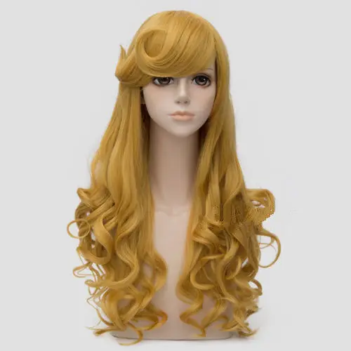 

For Cosplay Princess Aurora Long Golden Yellow Curly Hair Women Wig Halloween AAAAAA Free shipping