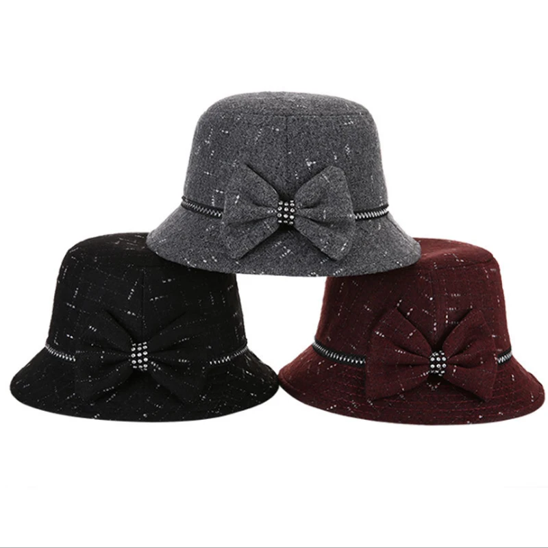 bow Women Fedoras Caps Pure Wool Dome Winter Church Hats Women Floral