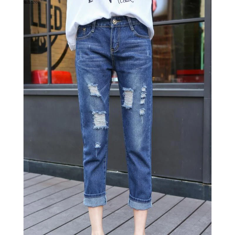 Женские прямые брюки длиной до щиколотки больших размеров, джинсы для женщин, джинсы с высокой талией, потертые модные дырявые брюки