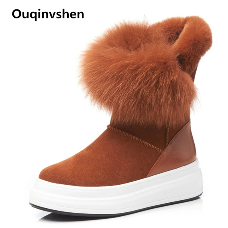 

Ouqinvshen Fashion Warm Waterproof Boots Women Round Toe Wedges Plush Winter Fur Boots Cow Suede Casual Women Snow Boots 6CM
