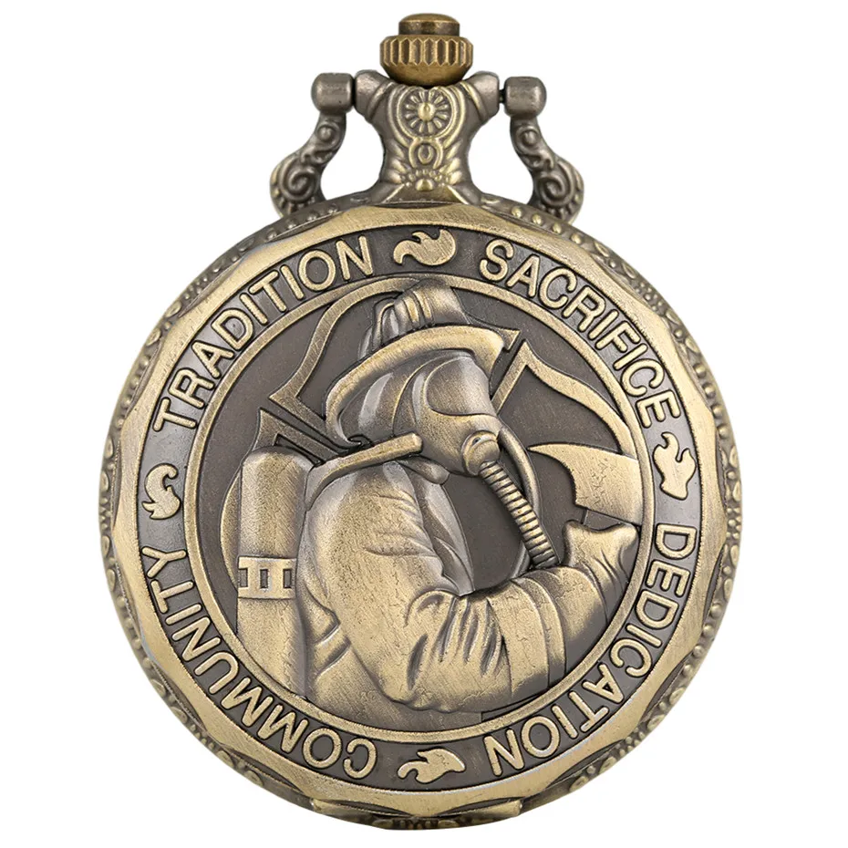 Bronze Fire Fighter Quartz Pocket Watch Fob Chain Necklace Pendant