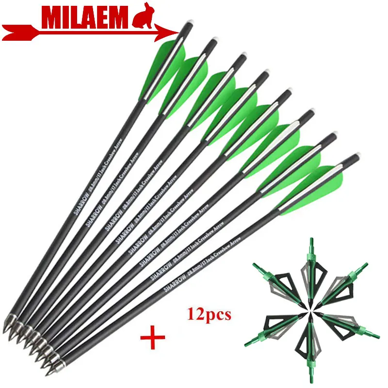 12Pcs 17" Mixed Carbon Crossbow Bolts Archery Arrows OD8.8mm W/Replaceable Tips 