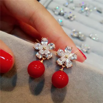 

S925 Sterling Silver Drop Earrings For Women Red Freshwater Pearls Temperament Flower Crystal Brincos Fine Jewelry Accessories