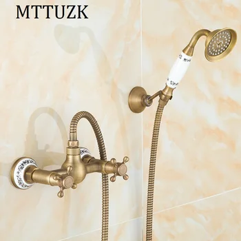 

MTTUZK Antique Brass Shower Set Hot and Cold Mixer Double Handle Shower with porcelain Wall Mounted Shower Set Free Shipping