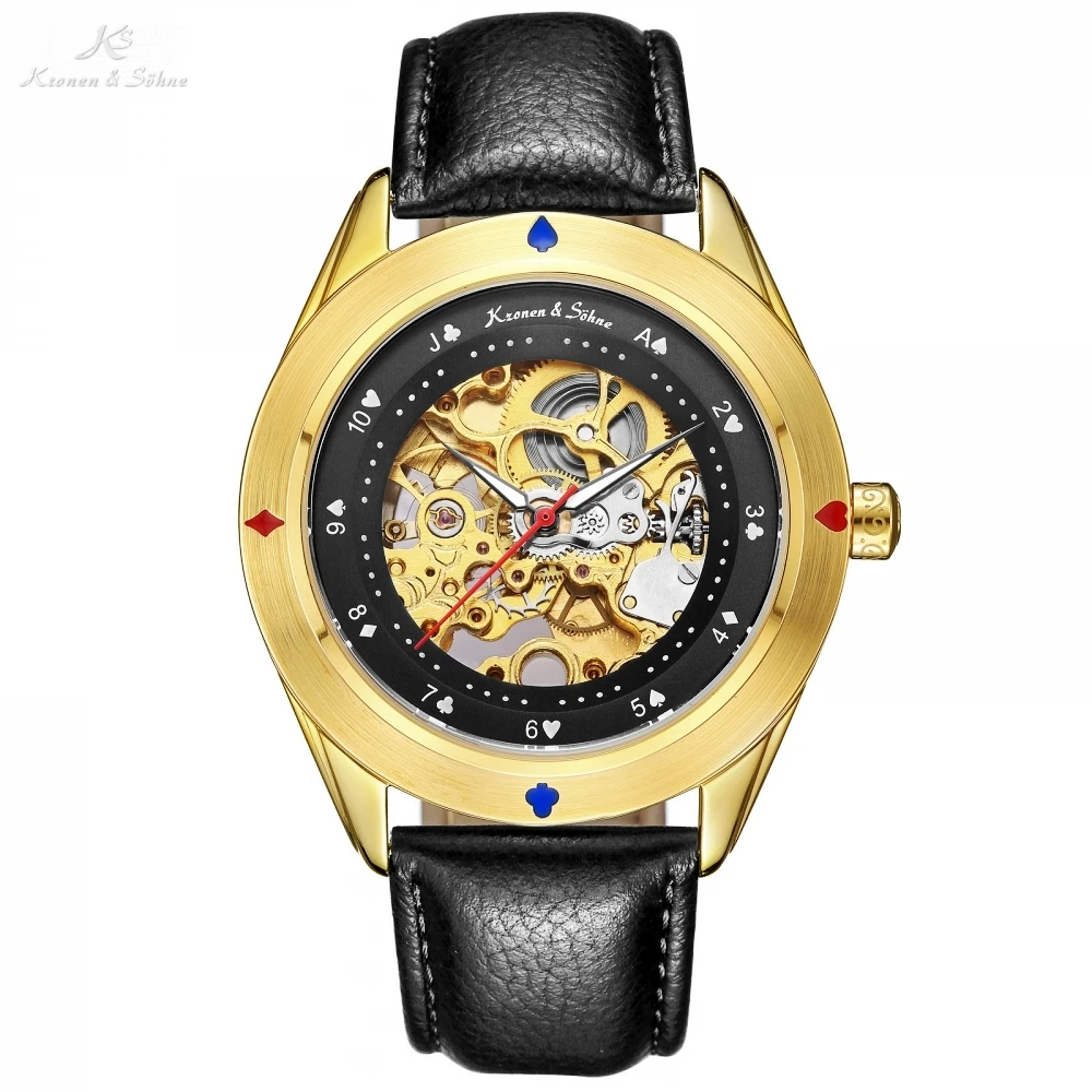 

Kronen Sohne Automatic Self Wind Poker Bezel Golden Steampunk Male Dress Men Black Leather Band Mechanical WristWatch