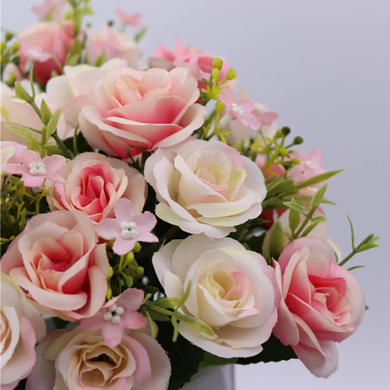 10 голов/букет искусственных цветов маленький бутон шелковая Роза имитация цветов зеленые листья ваза для дома украшение сада для свадьбы