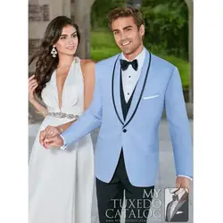 Последние Пальто Пант конструкции светло-синий Нарядные Костюмы для свадьбы для Для мужчин Жених костюм Slim Fit 3 предмета смокинг на заказ