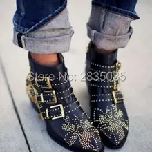 Модная Осенняя обувь Susanna; женские ботильоны на среднем блочном каблуке с пряжкой и заклепками; бархатные кожаные мотоциклетные ботинки