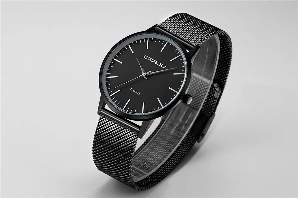 New Fashion Mens Watches Top Brand Luxury CRRJU Men Quartz Watch Mesh Band Stainless Steel Ultra Thin Clock Relogio Masculino