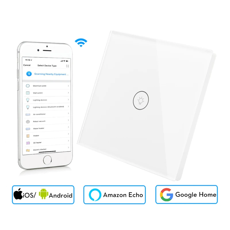 Белый Wifi умный настенный сенсорный выключатель стеклянный панель стандарт ЕС приложение дистанционное управление работает с Amazon Alexa Google Home для умного дома - Цвет: Белый