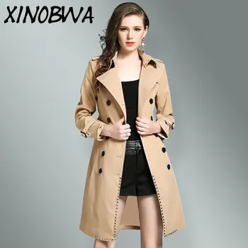 

Europe Women High Fashion Spring Double Breasted Turn Down Collar Rivet Personality Trench Coat Female Casual Plus Size Outwear