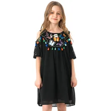 Girls Black Chiffon Dress Summer Ethnic Style Children's Dresses Butterfly Pattern Shoulderless Kids Dress For Teen Girls 5-14y Girls Black Chiffon Dress Summer Ethnic Style Children's Dresses Butterfly Pattern Shoulderless Kids Dress For Teen Girls 5-14y
