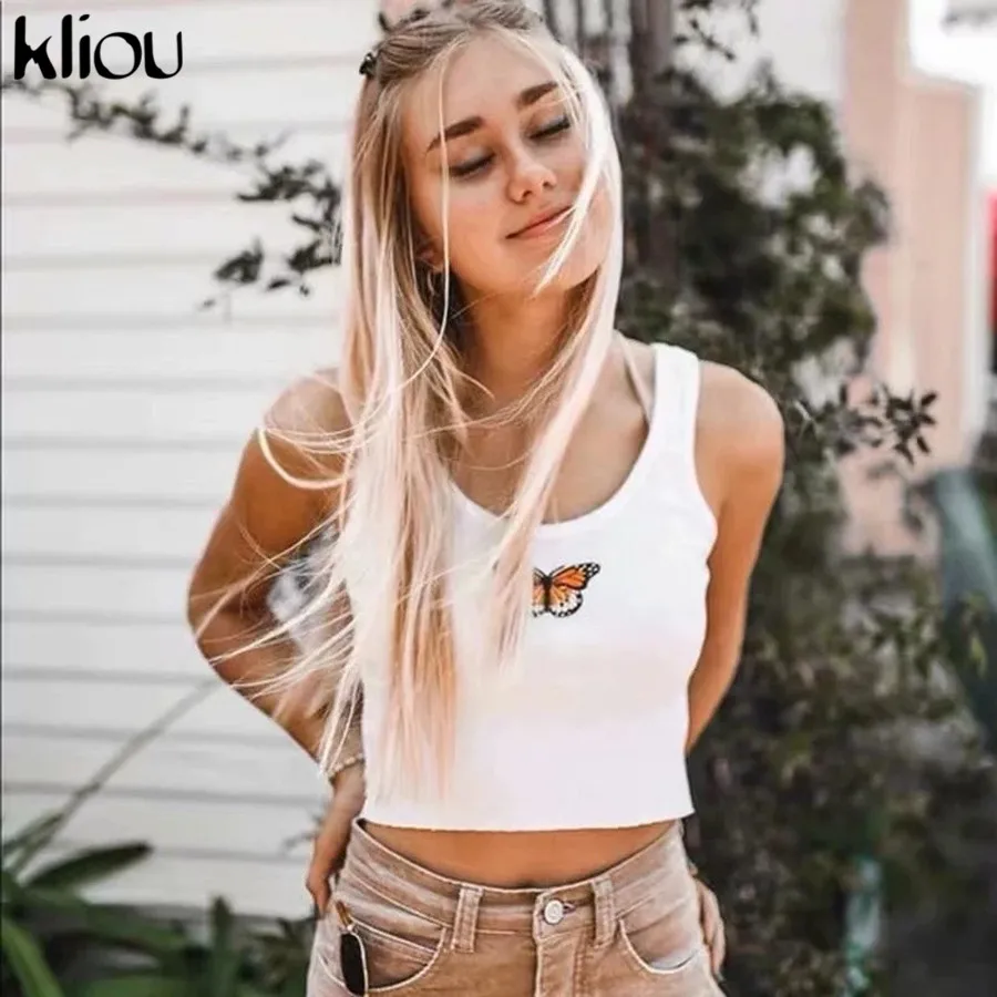 

Kliou 2019 spring women new crop tank top embroidery butterfly strapless sexy camisole female fashion street short crop top tees