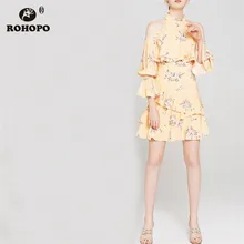 ROHOPO/Вечерние платья с каскадными оборками, желтое платье с баской, элегантное платье с рукавом-бабочкой и цветочным принтом, Vestido#9192