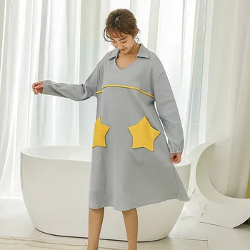 

Spring Long Sleeve Cotton Womens Nightgown Sleepwear Solid Turn-down Collar Knee-Length Plus Size Sleep Wear Sleeping Dress