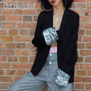 

TWOTWINSTYLE Women's Blazer Coat Large Size Long Sleeve Patchwork Sequins Coats Female 2020 Autumn Casual Style Fashion Clothes