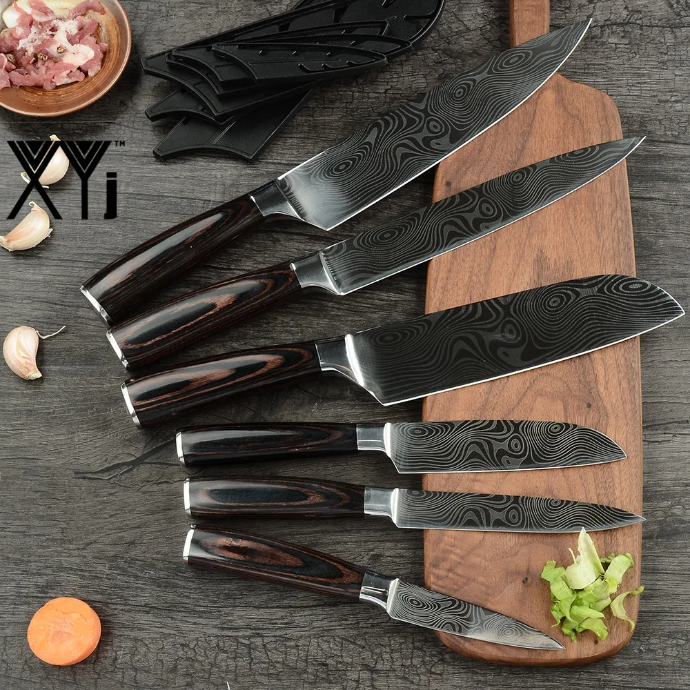 XYj нож из нержавеющей стали, кухонные ножи, нож для нарезки фруктов Santoku, нож для нарезки шеф-повара, дамасский нож с цветной деревянной ручкой, набор стальных ножей