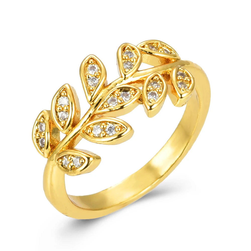 

Women Girls CZ Rings Leaves Gold Color Ring Jewelry High Quality Party Gifts