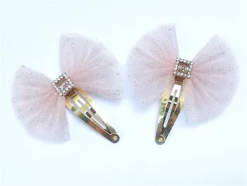 

Retail 1pairs Fashion Cute Rhinestone Bow Snap Clips Glitter Gauze Bowknot Barrettes Princesss Headwear Hair Accessories