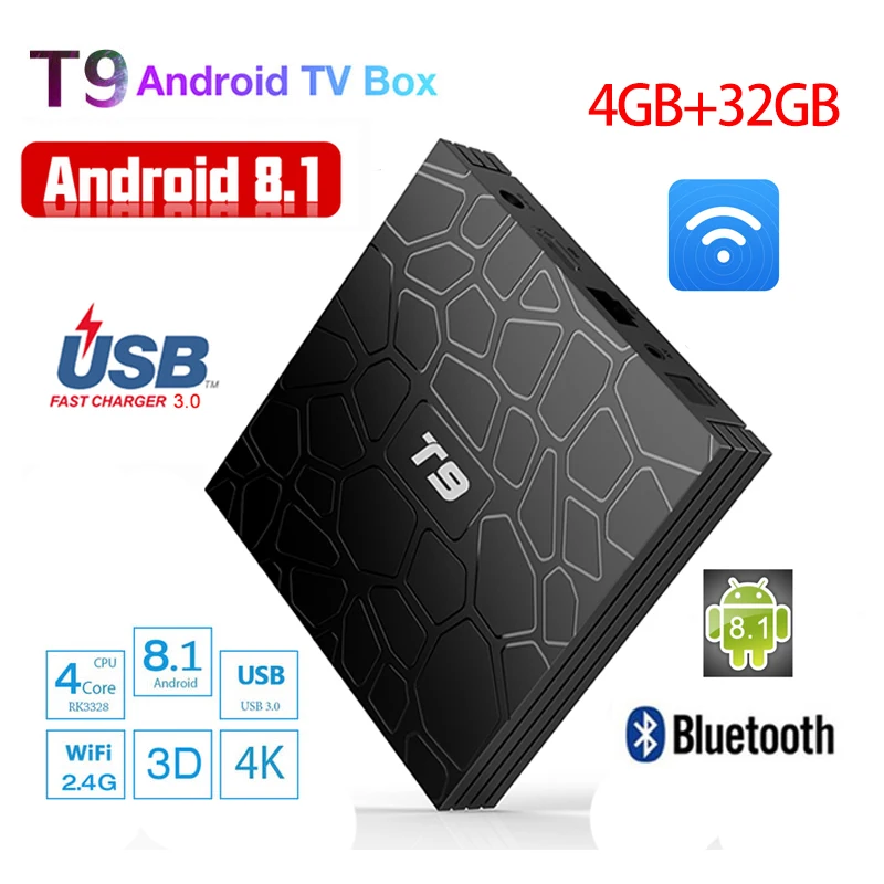 

2018 4G/64G Smart TV Box Android 8.1 T9 4K RK3328 QuadCore 4G/32G USB3.0 Set Top TV Box Option 2.4G/5G Dual WIFI Media Player