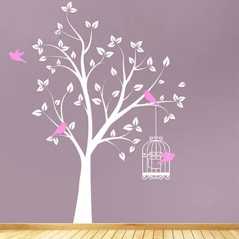 

HugeTree Wall Sticker Home Decor For Kids Rooms Bird Cage Flower Birds Floral Embellish Wall Stickers Vinyl Decal Transfer Art