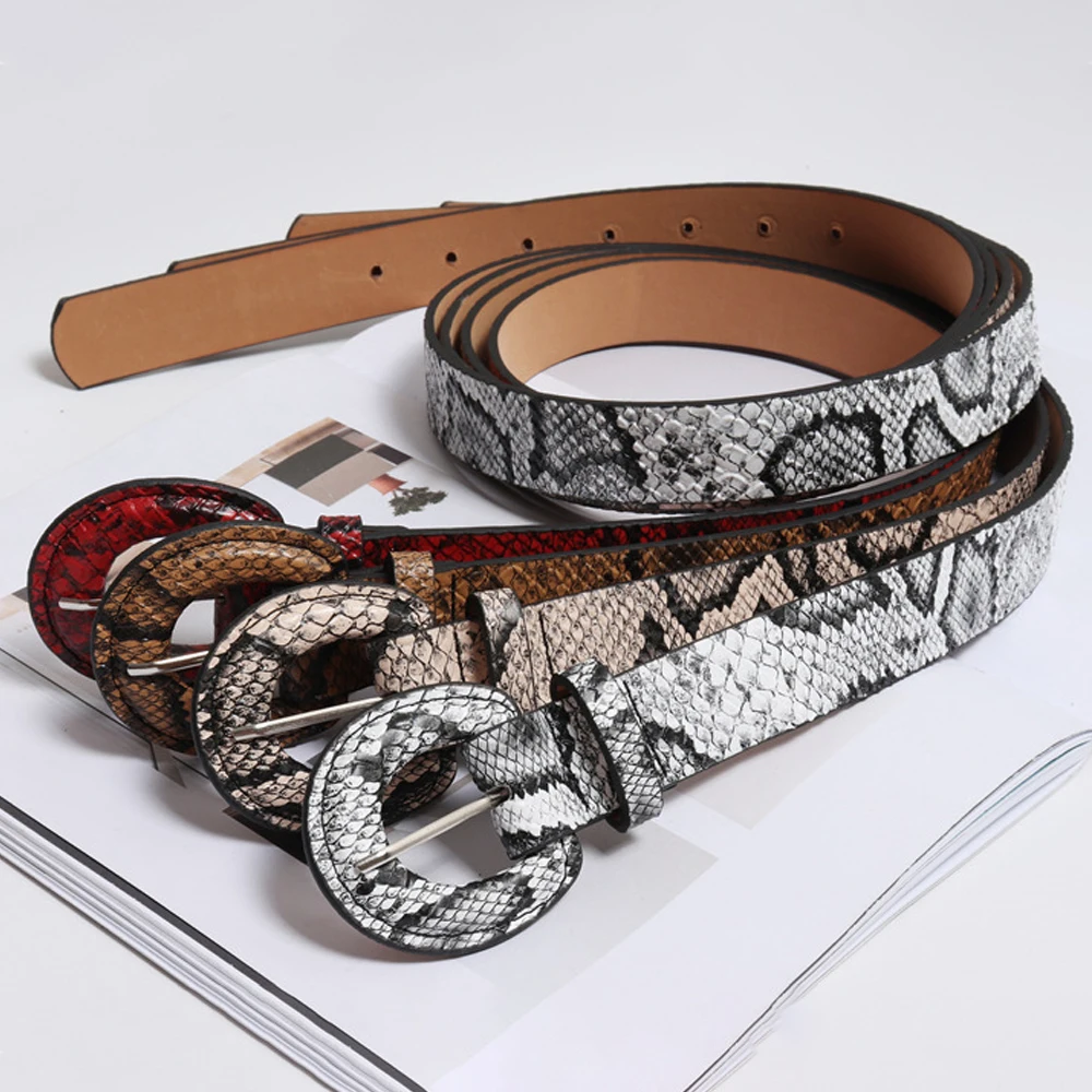 Winfox Fashion Red White 2.7cm Wide Snake Skin Belts For Women Female PU Leather Round Pin Buckle Crocodile Jeans Dress Belts