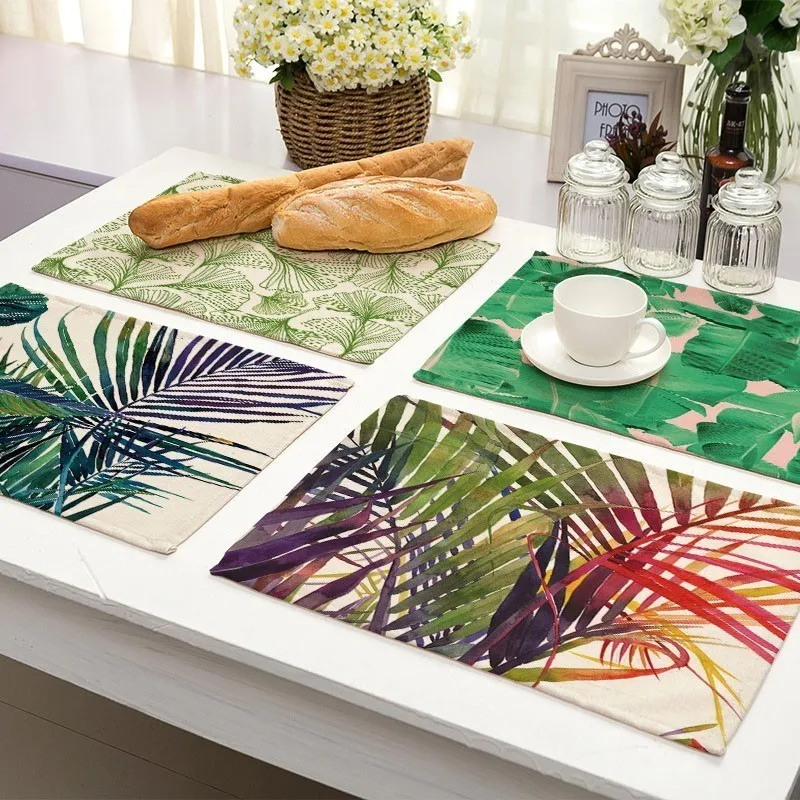 

1Pcs Tropical Plants Pattern Kitchen Placemat Coaster Dining Table Mats Cotton Linen Pad Bowl Cup Mat 42*32cm Home Decor MP0026
