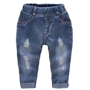 

DIIMUU New Fashion Baby Boys Girls Denim Pants Chidlren Clothing Elastic Trousers Light Washed Hole Soft Solid Color Jeans Pants