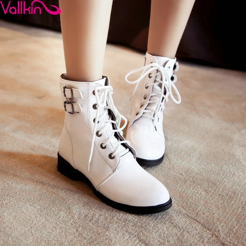 

VALLKIN 2016 Punk Style Autumn Winter Women Shoes Soft PU Square Low Heel Ankle Boots Lace Up Women Motorcycle Boots Size 34-43