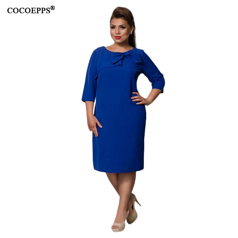 Осеннее женское облегающее платье большого размера, элегантное женское платье большого размера с бантом для офиса и работы, повседневное зимнее платье 5XL 6XL синего и красного цвета Vestidos - Цвет: Синий