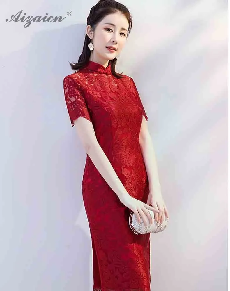 Красный кружево Длинные Cheongsam современный Chinoise Платья для вечеринок Qi Pao для женщин Китайский вечернее платье Мода Тонкий Qipao Женская Роба в