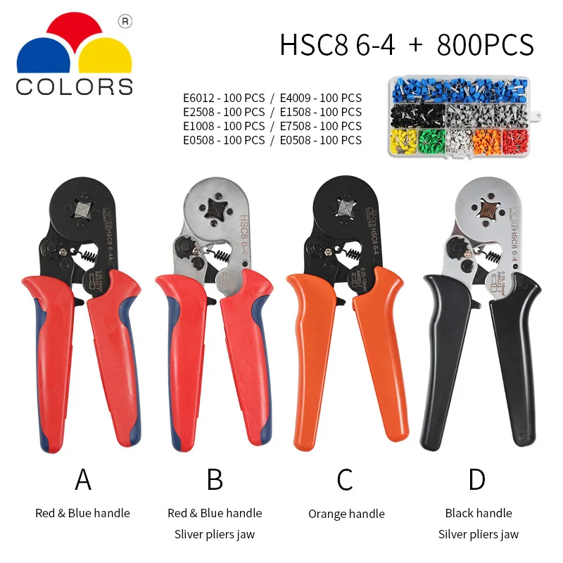 HSC8 обжимные клещи 0,25-10mm2 HSC8 6-4/6-6 0,25-6mm2 Тип трубки иглы Набор клеммных коробок мини кримпер давление провода инструмент - Цвет: HSC8 6-4 800PCS